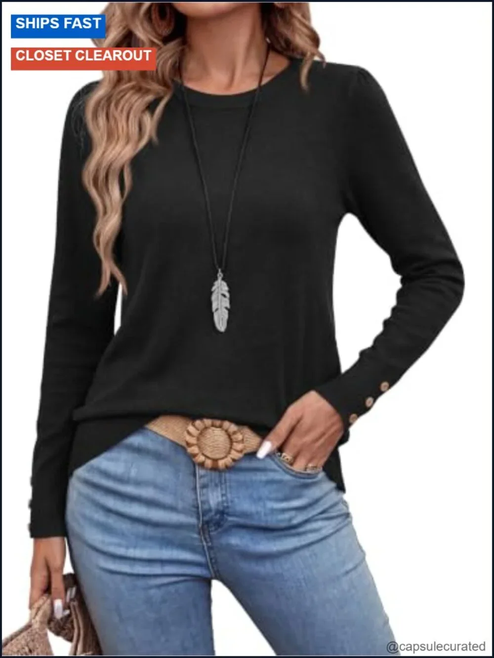 Lightweight Knit Pullover Sweater, Puff Sleeve, Crewneck Button Cuff, Business